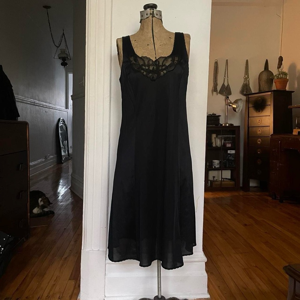 Black Sleeveless Slip Dress with Lace Yoke